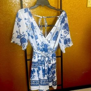 Blue and white floral romper